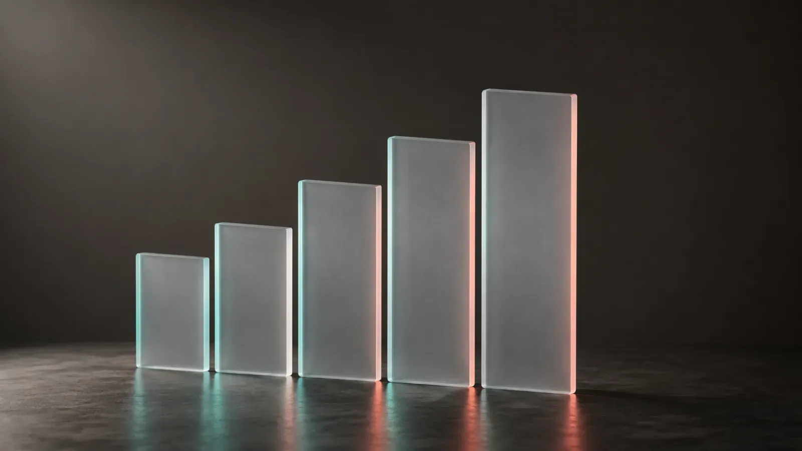 Five blank frosted-glass panels standing in a row on a dark stone surface, each taller than the last, edge-lit in mint teal and coral. Synthetic AI-generated illustration.