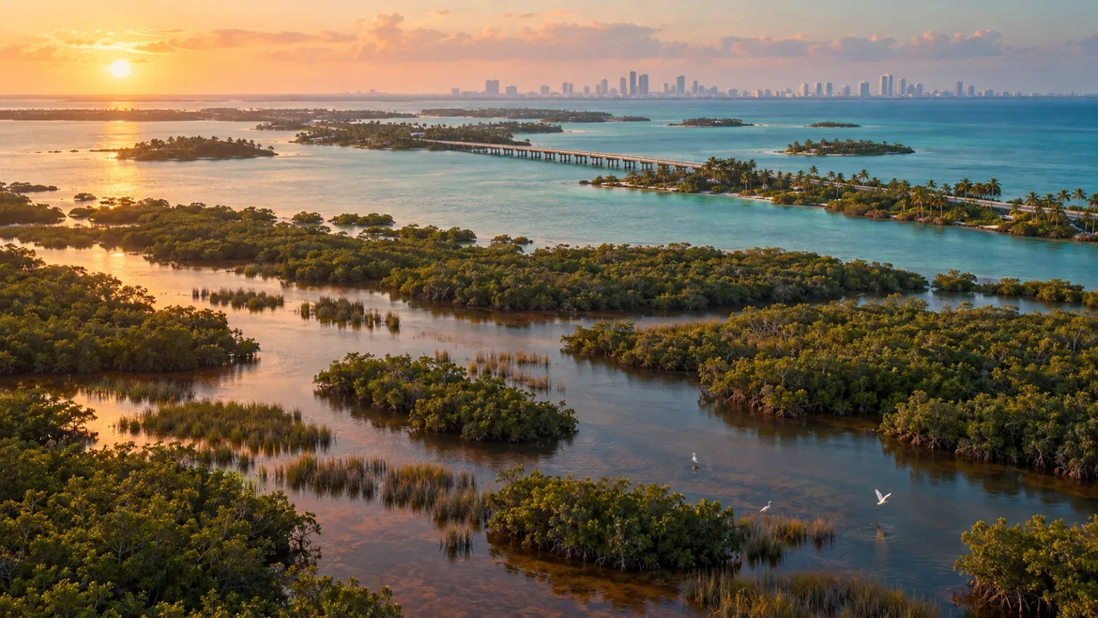 Synthetic illustration: aerial view at sunset over mangrove wetlands, a causeway to palm-covered islands and a distant generic city skyline