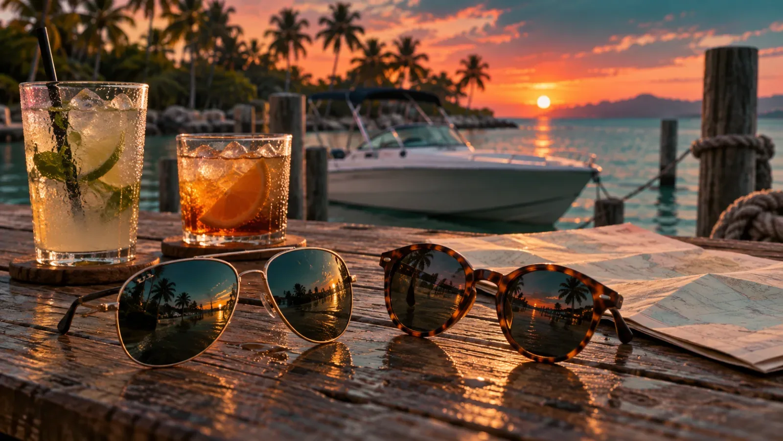Synthetic illustration: two pairs of sunglasses and two iced drinks on a weathered dock table at sunset, a small white speedboat and palm trees behind