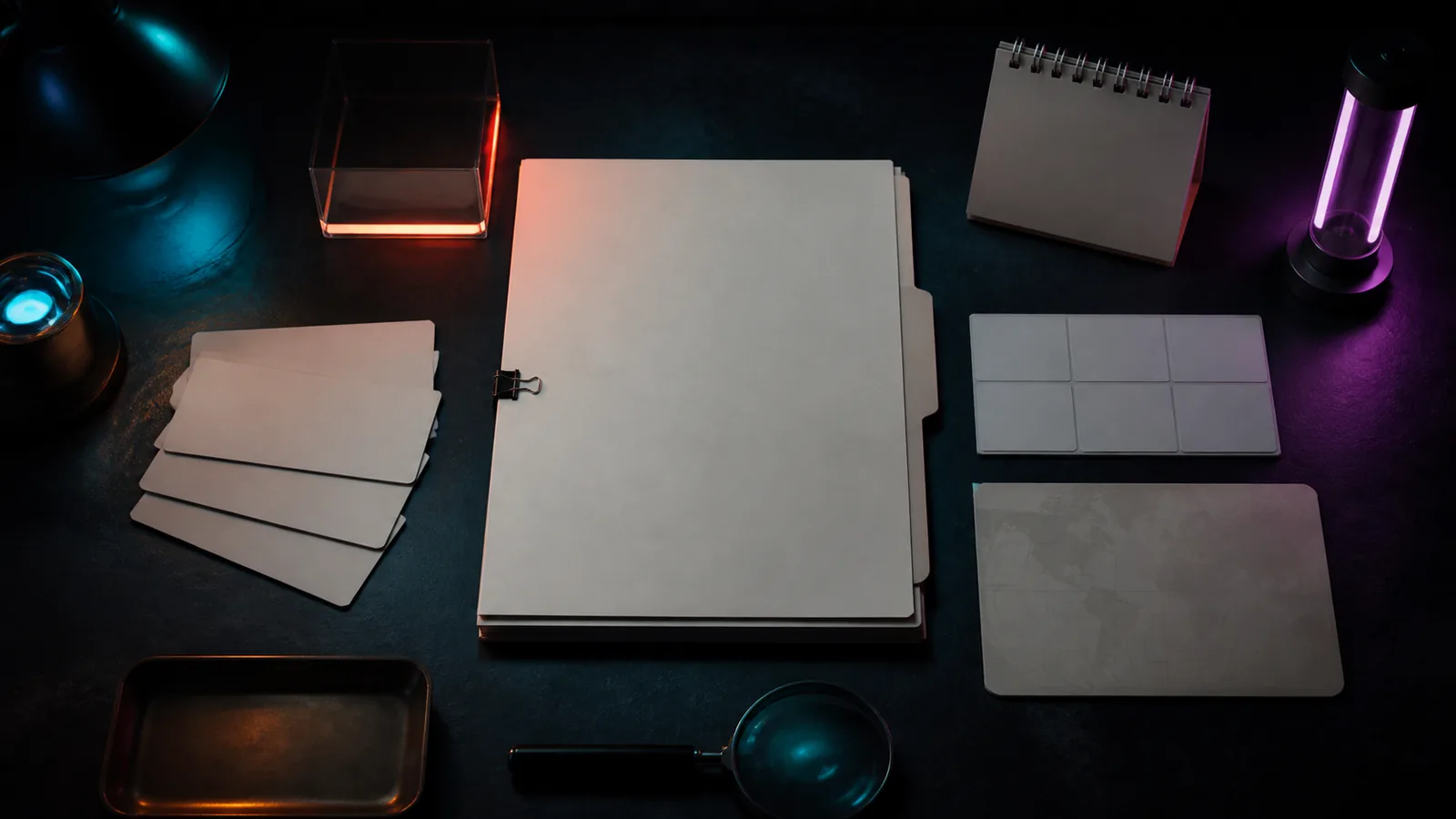 Unlabelled source cards and an empty dossier on a dark editorial desk