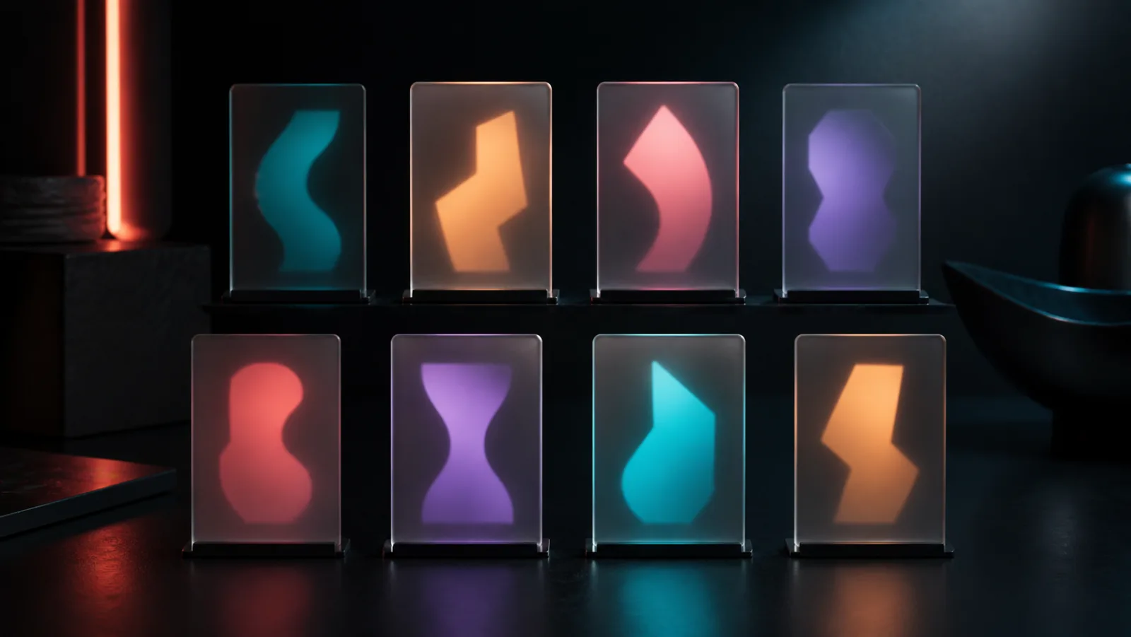 Eight unlabelled, abstract and faceless portrait cards in two rows