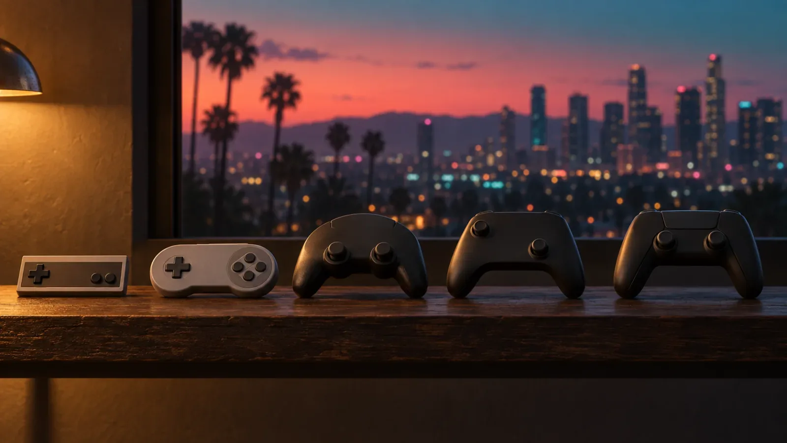 Synthetic image: five unbranded video game controllers from different eras lined up on a wooden shelf, with a blurred city skyline and palm trees at dusk behind the window.