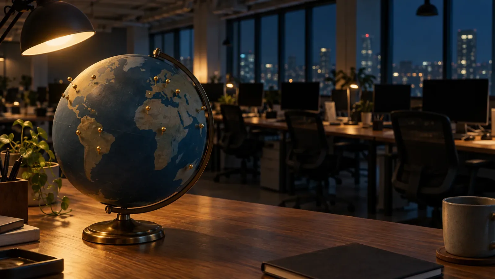 Synthetic image: a dark-blue desk globe dotted with small brass pins under a desk lamp, with an empty open-plan office and a night skyline behind it.