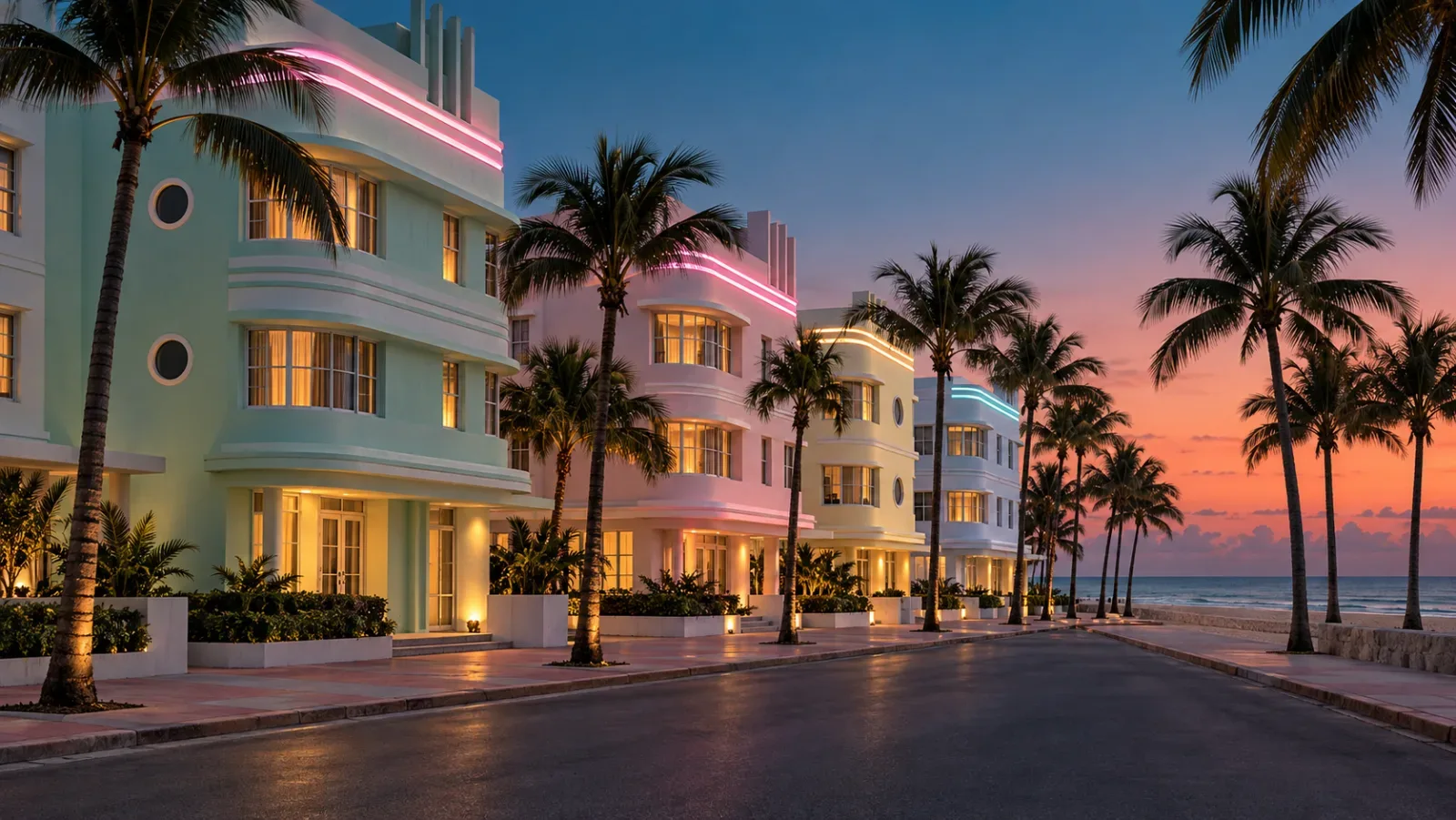 Synthetic image: pastel art deco hotels with thin pink and turquoise neon lines along a palm-lined beachfront street at blue hour.