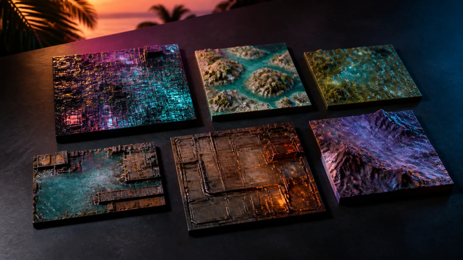 Six separate, unlabelled abstract terrain tiles on a dark table