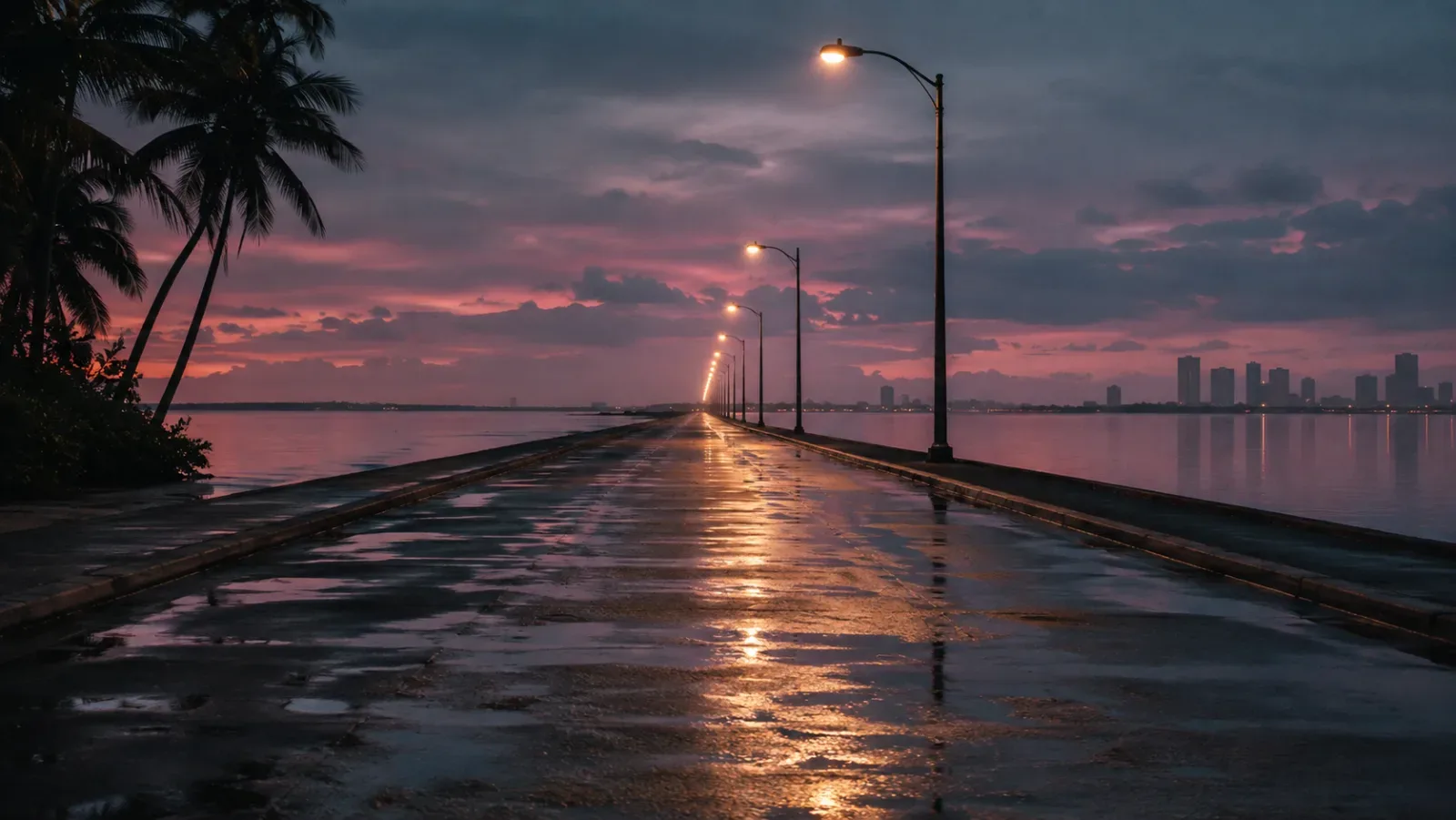 Synthetic generated illustration: an empty coastal causeway at dusk with a receding line of lit street lamps running to the horizon.