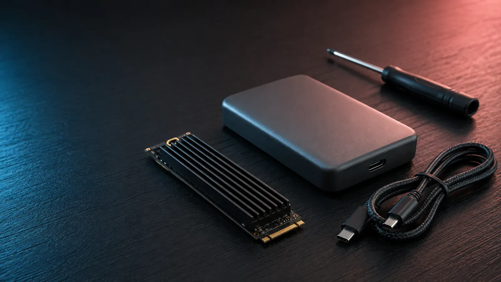 Syntetyczna, wygenerowana ilustracja: moduł dysku SSD M.2 NVMe z radiatorem, kompaktowy dysk zewnętrzny, zwinięty kabel USB-C i śrubokręt na ciemnym biurku, wszystko bez żadnych oznaczeń.